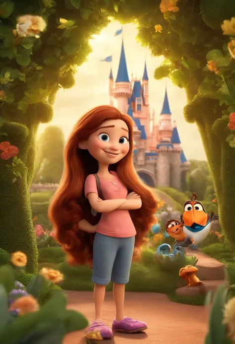 Create a Disney PIXAR-style 3D poster. menina: Chloe, aproximadamente 5 anos de idade, cabelo curto estilo Disney, olhos castanhos e sorrisos. mulher: Flavia, 29 anos, longos cabelos loiros. homem: Vasco, 39 anos, ((tudo isso no estilo Disney PIXAR 3D, In ...