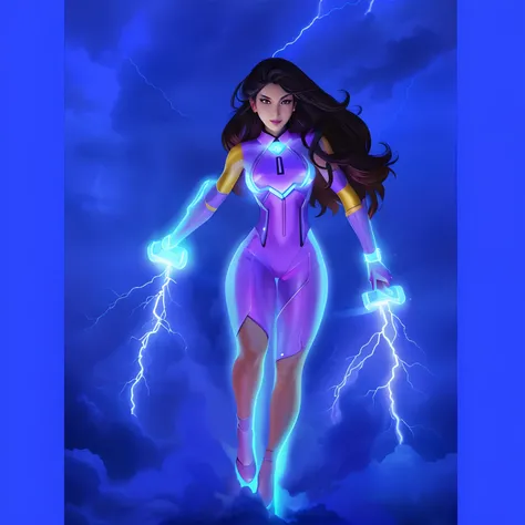 A closeup of a woman in a lightning red outfit, she is attracting lightnings, Retrato completo de uma mulher japonesa  Electromancer, goddess of lightning, electric woman, splashes of lightning behind her, brilhando no poder, japanese lightning goddess, Po...