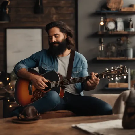 crie um banner no estilo Pixar. Um homem moreno pardo com cabelos muito curto e barba negra usando uma camiseta, Vestindo jeans e segurando uma guitarra preta com 6 cordas