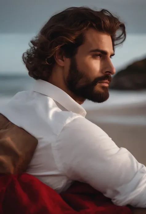 homem, cabelos brancos, estilo desenho animado, without glasses, camisa vermelha, sentado na praia