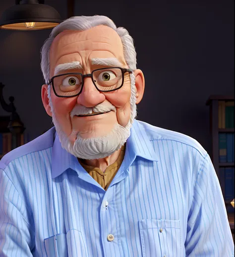 A wise old man standing in front, illuminated by the light of a lamp, against the backdrop of a library