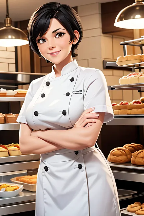 Create a 40-year-old white woman character with short black hair, smiling and looking forward, arms crossed, dressed in white chefs clothing inside a pastry shop.