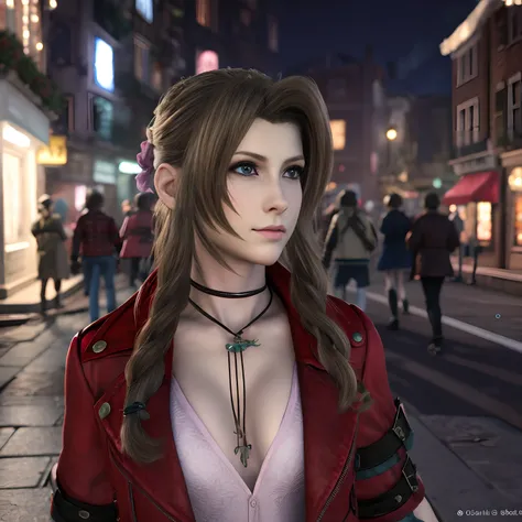 aerith gainsborough, in his signature costume from the game final fantasy vii selling flowers on a dimly lit street, ella se ve ...