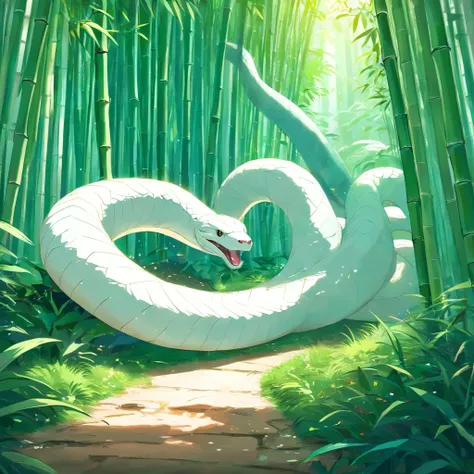 entangled in a giant white snake，in bamboo forest，Folk suspense comic style，Cinematic sensation，Photorealsitic，。.。.3D