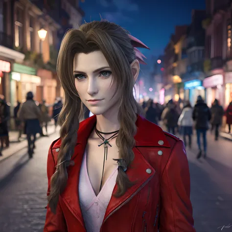 aerith gainsborough, in his signature costume from the game final fantasy vii selling flowers on a dimly lit street, ella se ve ...