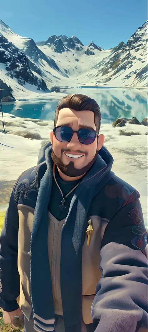 Rapaz, inspirado na Disney Pixar, Inspirado pelo pastor ( Rubens Janeiro ) Um homem de cabelo curto, Short beard wearing sunglasses on snow-capped mountains and a lake in the background