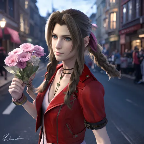 aerith gainsborough, in his signature costume from the game final fantasy vii selling flowers on a dimly lit street, ella se ve ...