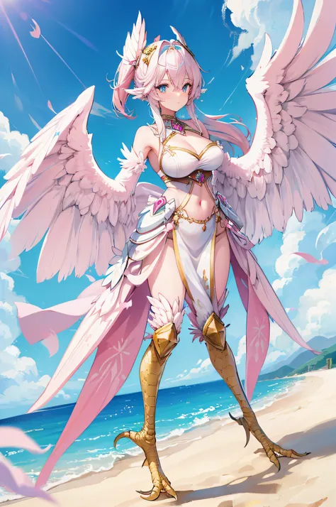 4k,hight resolution,One Woman,harpy,White pink hair,Long ponytail,Light blue eyes,White wings,Golden toenails,White Knights Armor,Winged headgear,Pink Gemstone Decoration,Temple in the Sky