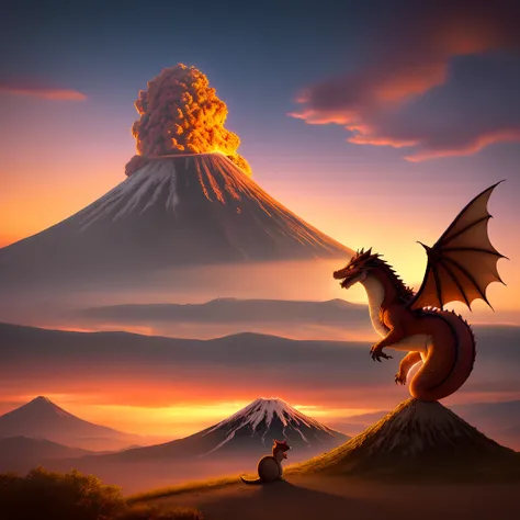 A dragon riding a squirrel with a volcano in the background, and it is sunset