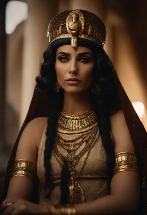 cleopatra rainha egipcia, with classic crown, e vestimentas egipcias luxuosas, com joias.