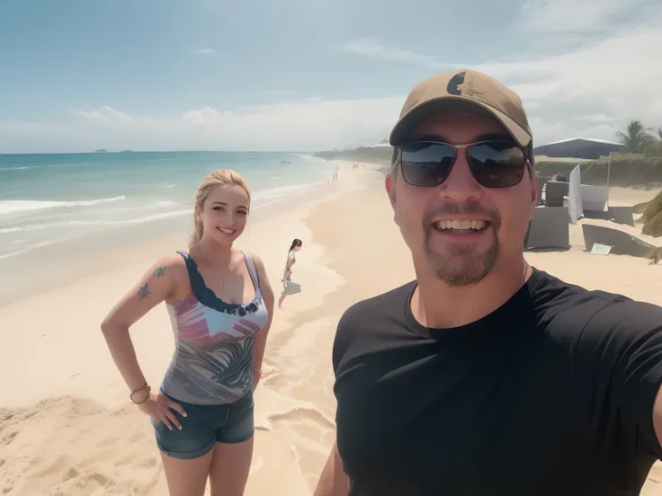 They are taking a selfie on the beach with a woman, standing near the beach, standing at the beach, foto de praia, em uma praia, imagem de perfil, foto de perfil, na praia, foto do perfil, posando em uma praia com o oceano, pessoas na praia, Selfie, me, Mi...