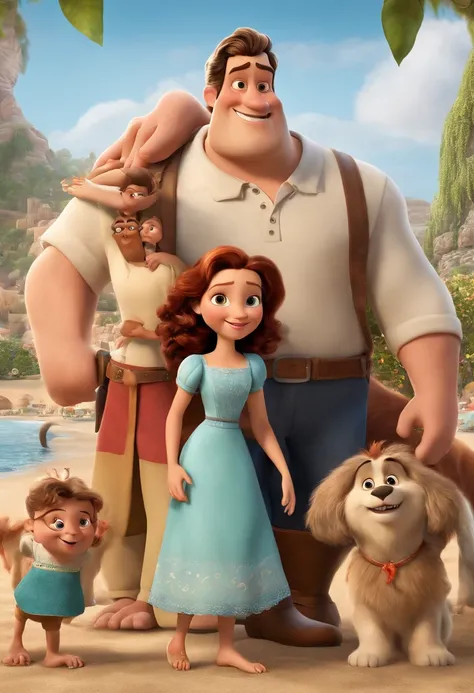 a Disney Pixar movie poster showing a white-skinned family. The father is the tallest, Tem barba curta, loiro, cabelos curtos e espinhosos. The mother has brown eyes and hair, shoulder-length and is slightly overweight. A menina tem 4 anos e cabelos castan...