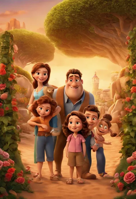 a Disney Pixar movie poster showing a white-skinned family. The father is the tallest, Tem barba curta, loiro, cabelos curtos e espinhosos. The mother has brown eyes and hair, shoulder-length and is slightly overweight. A menina tem 4 anos e cabelos castan...