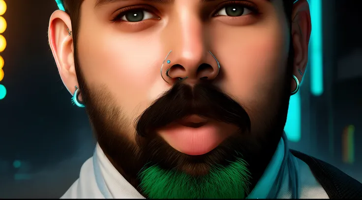 Mudar fundo cyberpunk menino bonito, Rosto realista, 8k, ultra realistic. Barba feita em degrade, com bigode grosso e bonito, cavanhaque com pelos brancos. Bonitos e suaves. Com brincos de argolas nas orelhas. thick lips.