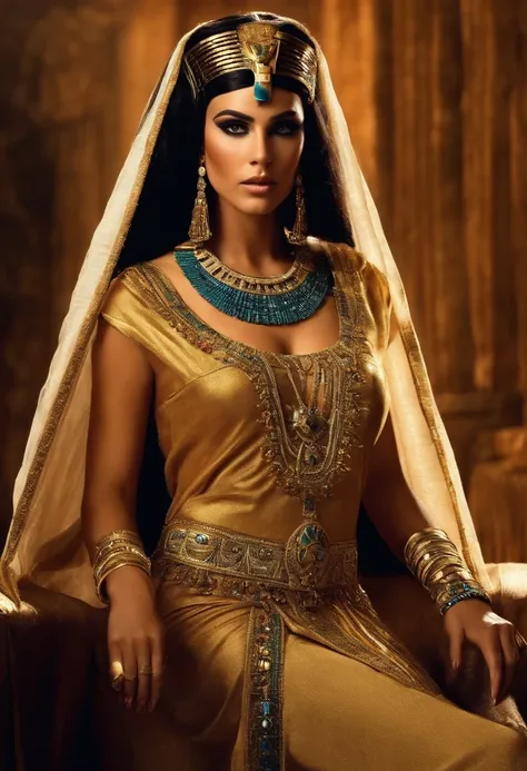 cleopatra rainha egipcia, with classic crown, e vestimentas egipcias luxuosas, com joias. pele cor parda, de corpo inteiro, wearing a period wig.  maquiagem egipcia