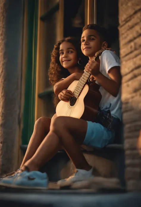 crie um banner no estilo Pixar. A boy with Brazilian features, moreno com cabelos curtos, Castanhos escuros, allure: cabelo curto e barba curta, mas jovem, usando uma camiseta, Wearing jeans and holding a classical guitar with 6 strings.