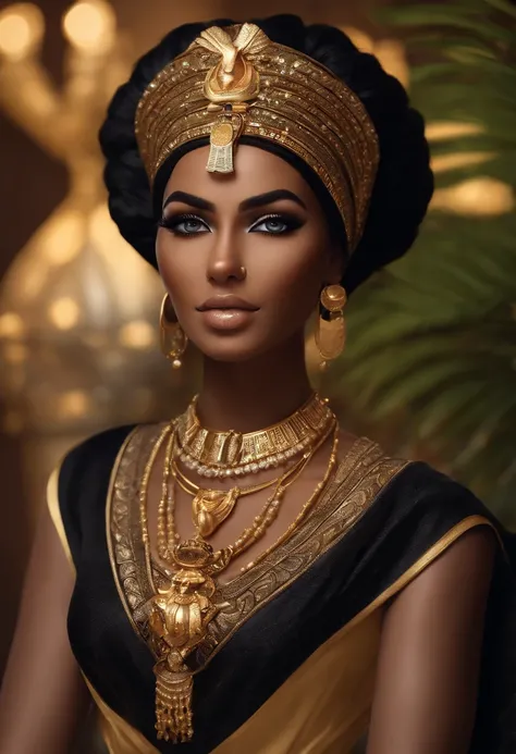 egyptian_queen,full_body,classic_crown,luxurious_egyptian_attire,brown_skin,ancient_wig,egyptian_makeup,detailed_eyes,beautiful_lips,royal_pose,richly_textured_fabrics,golden_accessories,jewelry_shimmer,best_quality,ultra-detailed,realistic,portrait,rich_c...