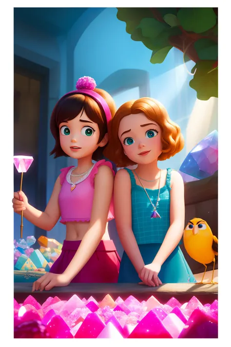 Masterpiece, pixar, 2 girls holding pink crystals, high quality