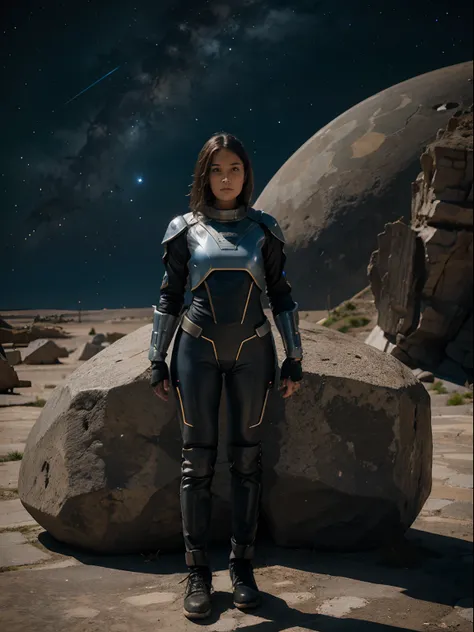 girl in fantasy space suit standing on the stone