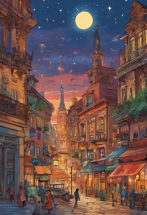 (best quality,highres:1.2),detailed scene of several meteors falling from the sky in a quaint, not-so-modern city during the daytime,classic painting style with vibrant colors,soft glowing sunlight,old-fashioned architecture,vibrant street life,historical ...