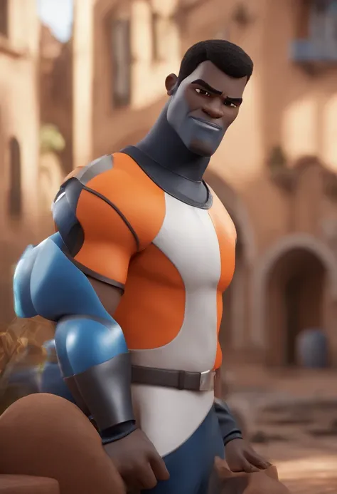 Um homem negro serio, com cabelos curtos e , vestindo uma camisa laranja de gola azul, em um fundo branco, no estilo Pixar, com detalhes faciais detalhados, asymmetrical in 3D and with a touch of cartoons