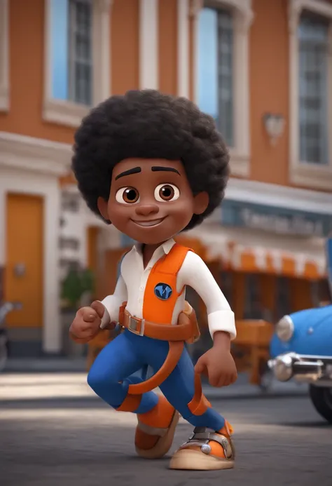 Um homem negro serio, com cabelos curtos e , vestindo uma camisa laranja de gola azul, em um fundo branco, no estilo Pixar, com detalhes faciais detalhados, asymmetrical in 3D and with a touch of cartoons