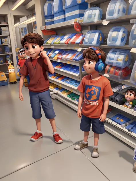 Two children boys wise standing in front, illuminated by the light of a lamp, against the backdrop of a personal protective equipment store, The children are wearing earplugs and are smiling, divertindo-se. Disney Pixar 3D, imagem de um filme.