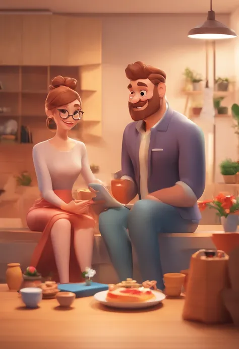 An illustration of an adorable couple, Destacando um homem e uma mulher com beleza, Expressive eyes – the mans hair is bald and brown and he has a full beard, While the womans hair is tied up in a bun and blonde. They are a bright space, Todos com um sorri...