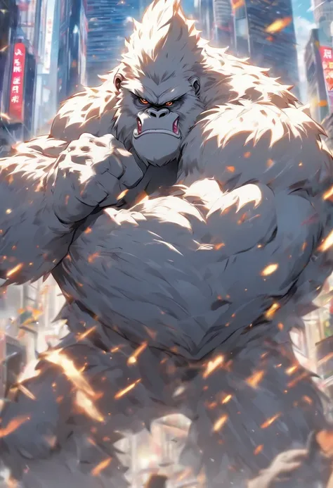 Very muscular 4k angry white gorilla type manga in the middle of the city