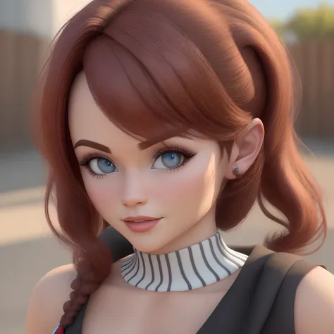 Personagem da Disney em 3d , cabelos ondulados castanho escuro preso, olhos castanhos, morena clara, confeitando bolo.