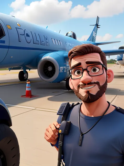 Male police officer with short beard in front of Federal Police plane, rosto mais delicado e olho um pouco puxado.