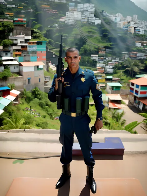 there is a man in a uniform holding a gun on a hill, david rios ferreira, with a city in the background, favela, favelas, rio de janeiro favela, location ( favela ), instagram post, by Matteo Pérez, malika favre, by Meredith Dillman, by Luis Miranda, by Fe...