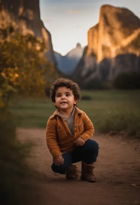 menino: Miguel, aproximadamente 5 anos de idade, cabelo curto estilo Disney, olhos castanhos e sorrisos. garota: Giovana, 2 anos, longos cabelos pretos e olhos azuis. scenecy: Miguel and Giovana are in a cozy little house in the valley, ao fundo um dia ens...