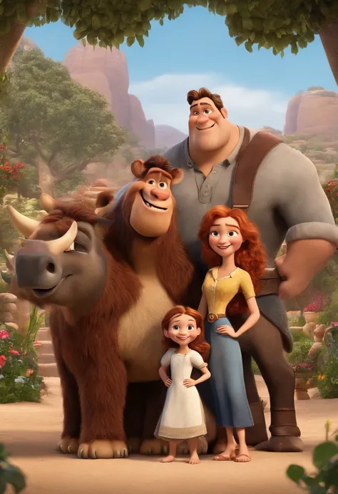 a Disney Pixar movie poster showing a white-skinned family. The father is the tallest, Tem barba curta, loiro, cabelos curtos e espinhosos. The mother has brown eyes and hair, shoulder-length and is slightly overweight. A menina tem 4 anos e cabelos castan...