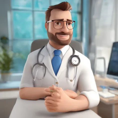 Make a Pixar Style Realistic Poster of 3D Animation. O personagem sem barba, olhos azuis, cabelos loiros penteados para o lado esquerdo, magro, wearing a white doctors coat, watch on left wrist, Has an Arabian face, 8k, coloque um hospital de fundo, Put on...