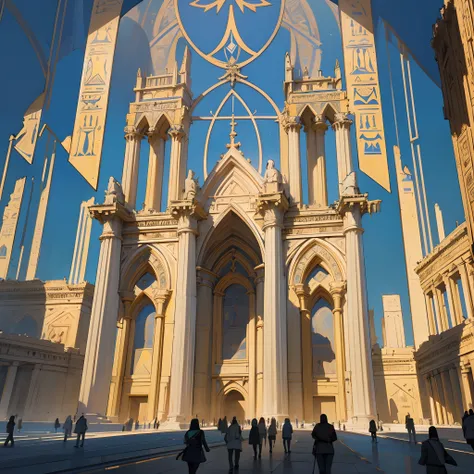 A symmetric and huge Gothic cathedral,architecture,long and arched glass windows,Wide brackets for the building outside,Inscriptions of Egyptian civilisation,Egyptian statues,the morning,the background is egypt pyramids. --auto --s2