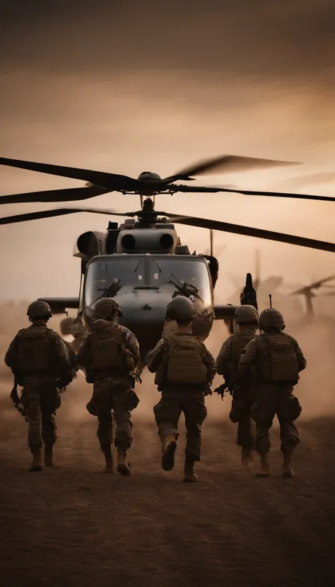 Six armed and uniformed soldiers with a helicopter in the background at dusk