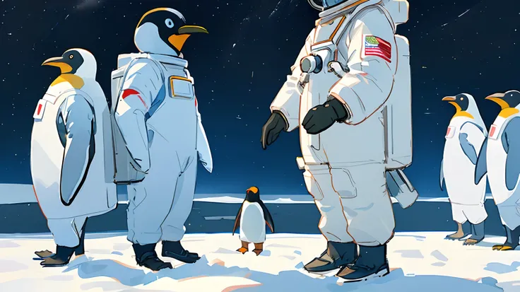 White astronaut standing next to a penguin