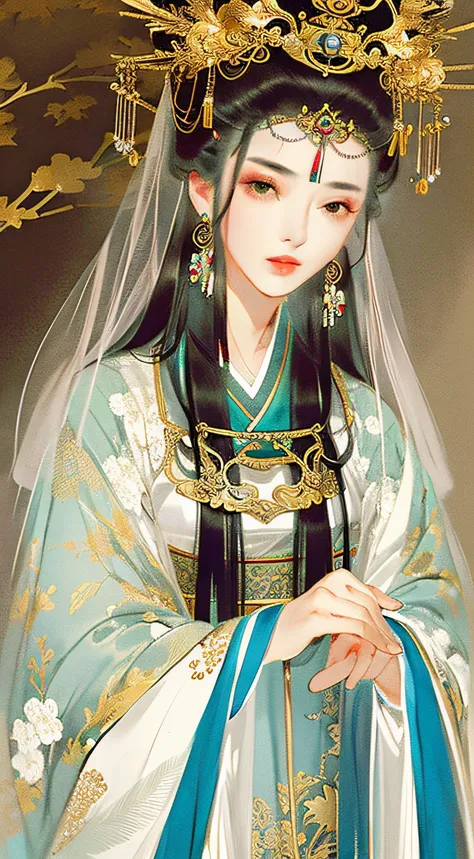 An ancient Chinese beauty，Long hair with a shawl，Exquisite makeup，Crown on head，