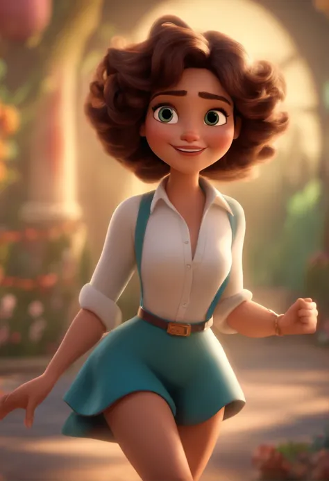 Pixar style image with 3D character white glasses brunette woman short curly hair dancing, Maquiagem Disney,Pescador, bonitinho, sorridente ,Close-up, Pixar, Disney, Cinema lighting,