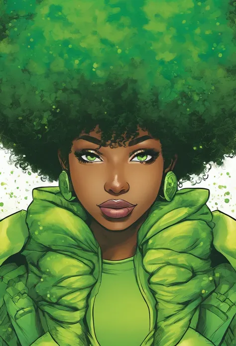 Uma menina de pele castanha escura com (Branco) Curly afro in a green electric hero suit and green face mask over eyes with toxic green eyes and vitligo spots, Shes in a cartoon hero style