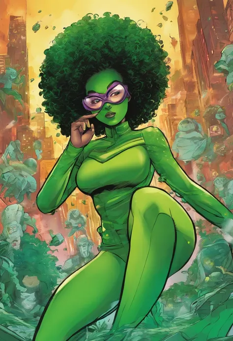 Uma menina de pele castanha escura com (Branco) Curly afro in a green electric hero suit and green face mask over eyes with toxic green eyes and vitligo spots, Shes in a cartoon hero style