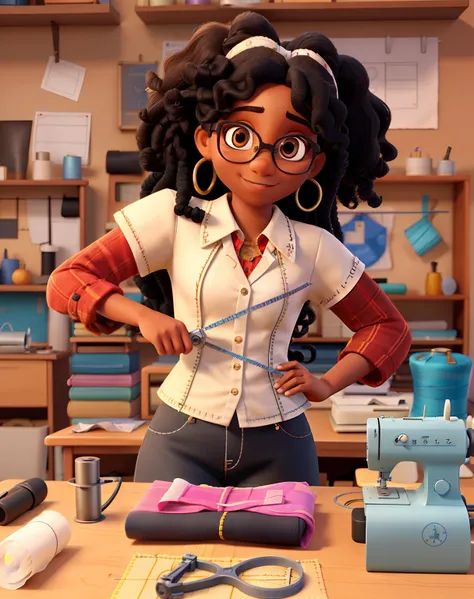 A young black woman with glasses with long curly hair nose piercing with a sewing machine, Tape measure around the neck in a sewing workshop with fabrics and scissors and tape measure around the neck long hair