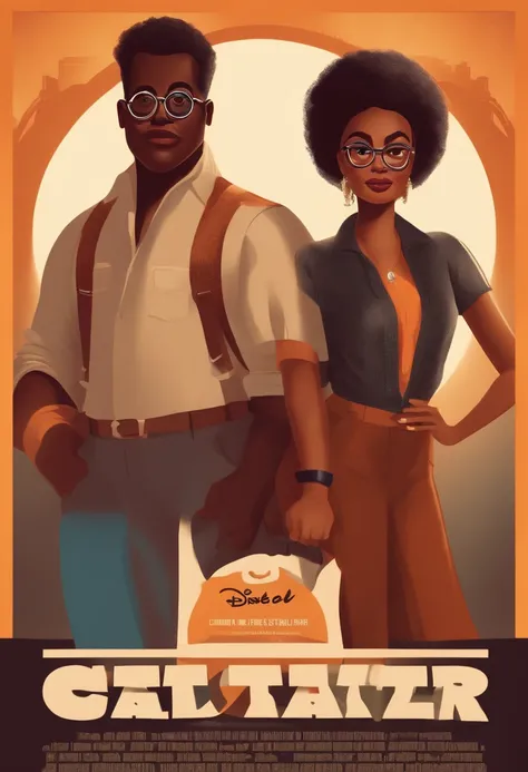 create a Disney Pixar style poster couple of two women, um branco com cabelo raspado preto cacheado, olhos castanhos, camisa preta. A outra mulher tem short, cabelo afro curto, pele escura, round glasses black