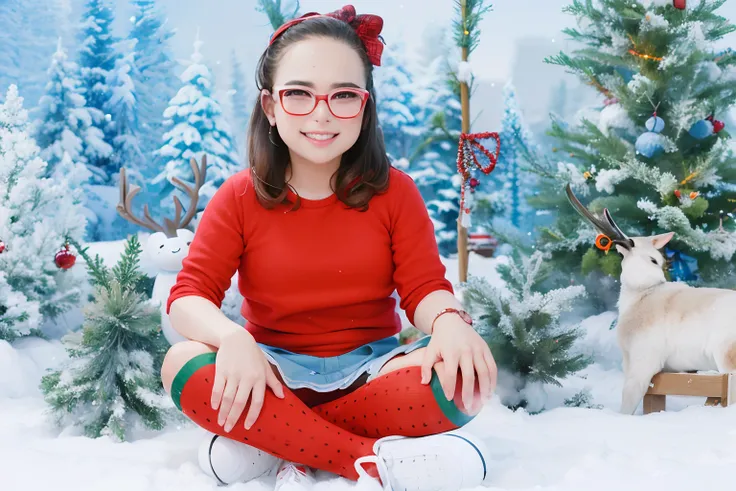 Araffe girl sitting on the ground in front of a Christmas tree, girl with glasses, Giro, full protrait, imagem retrato, garotada, fofo, advertising photo, menina jovem bonito, imagem retrato, Imagem absolutamente excepcional, foto retrato, childrens, foto ...