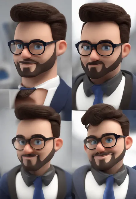 Cartoon character of a man with black glasses, pouco cabelo calvo, cor preto e branco  e uma camisa azul, animation character, Caractere estilizado, animation style rendering, 3D estilizado, Edson render, 3 d render stylized, toon render keyshot, Personage...