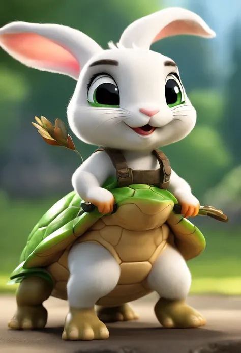 (((Cartoon Character 1.3)))，(((A super cute rabbit standing on the back of a turtle)))，((The rabbit stands on the back of a green tortoise：1.5))，With a pair of gold wire glasses，Wears a spotted vest on the top，Denim shorts on the bottom，Naughty expression，...