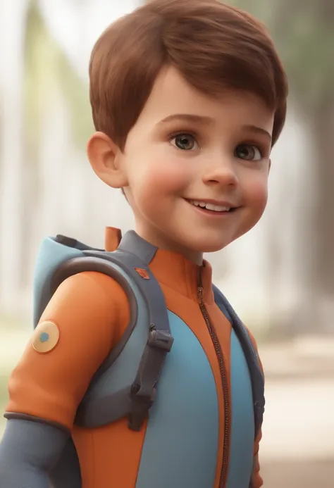 a happy cute kid standing short hair, vestindo uma fantasia espacial, , fundo branco, barnet, Tom, Estilo Pixar, ....3d, desenhos animados, rosto detalhado, asymmetrical 16k