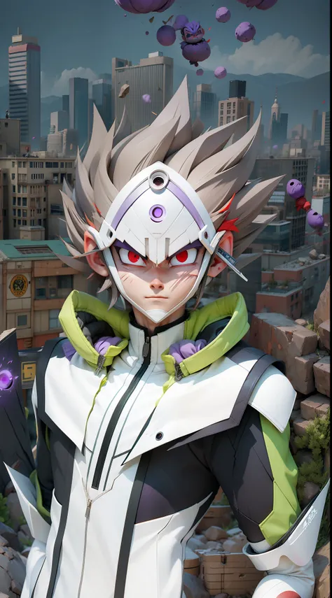 masterpiece, best quality, ultra-detailed, Adult Gohan 1boy, solo, Full body, evil smile, grey hair, spiked hair, (((red eyes))), (((perfect eyes))), (((PURPLE dougi))), full body, looking at viewer, male focus, earth (planet), planet, space, cracked groun...