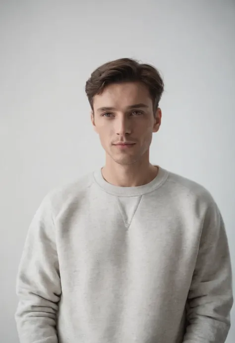 Un homme  portant un sweatshirt , Standing facing min, from a white background, dramatique